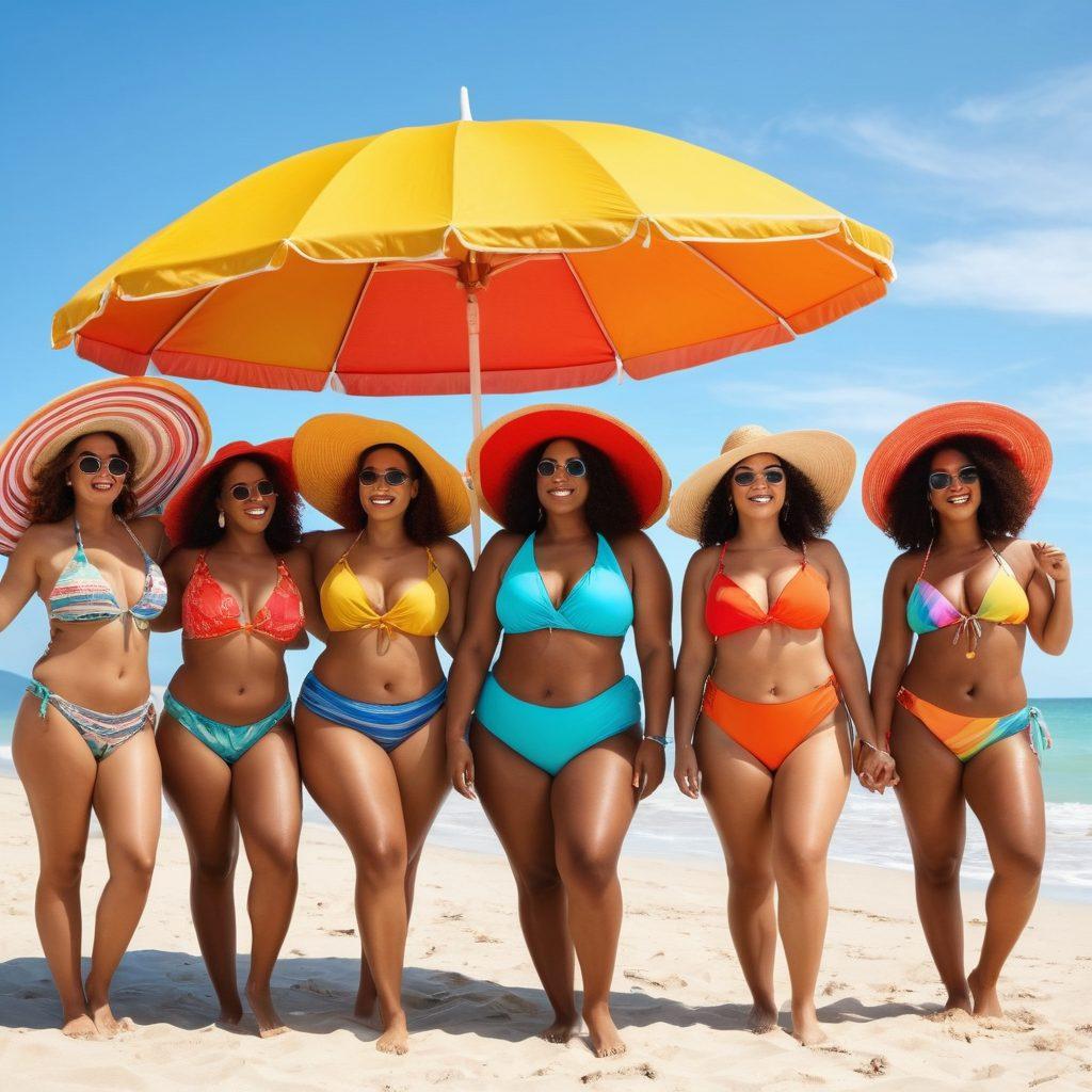 A diverse group of confident individuals of various body types joyfully posing on a sunny beach, wearing colorful and stylish swimwear that celebrates curves. The scene features vibrant beach umbrellas, laughter, and a crystal-clear ocean in the background. Accessories like sun hats and sunglasses add a fun vibe, promoting body positivity. The overall atmosphere is cheerful and inclusive, radiating warmth and happiness. vibrant colors. super-realistic. sunny backdrop.