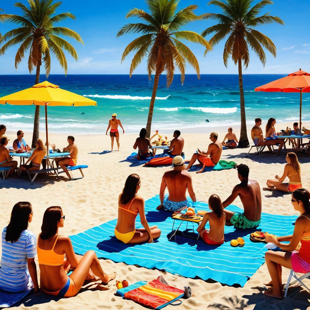 A vibrant summer scene showcasing a sunny beach with people enjoying various activities, such as sunbathing and beach volleyball, alongside a lively barbecue picnic with families and friends gathered around grills. Brightly colored summer attire and accessories should be depicted, with palm trees and ocean waves in the background. Capture the essence of summer fun and community spirit. vivid colors. lively atmosphere. tropical beach style.